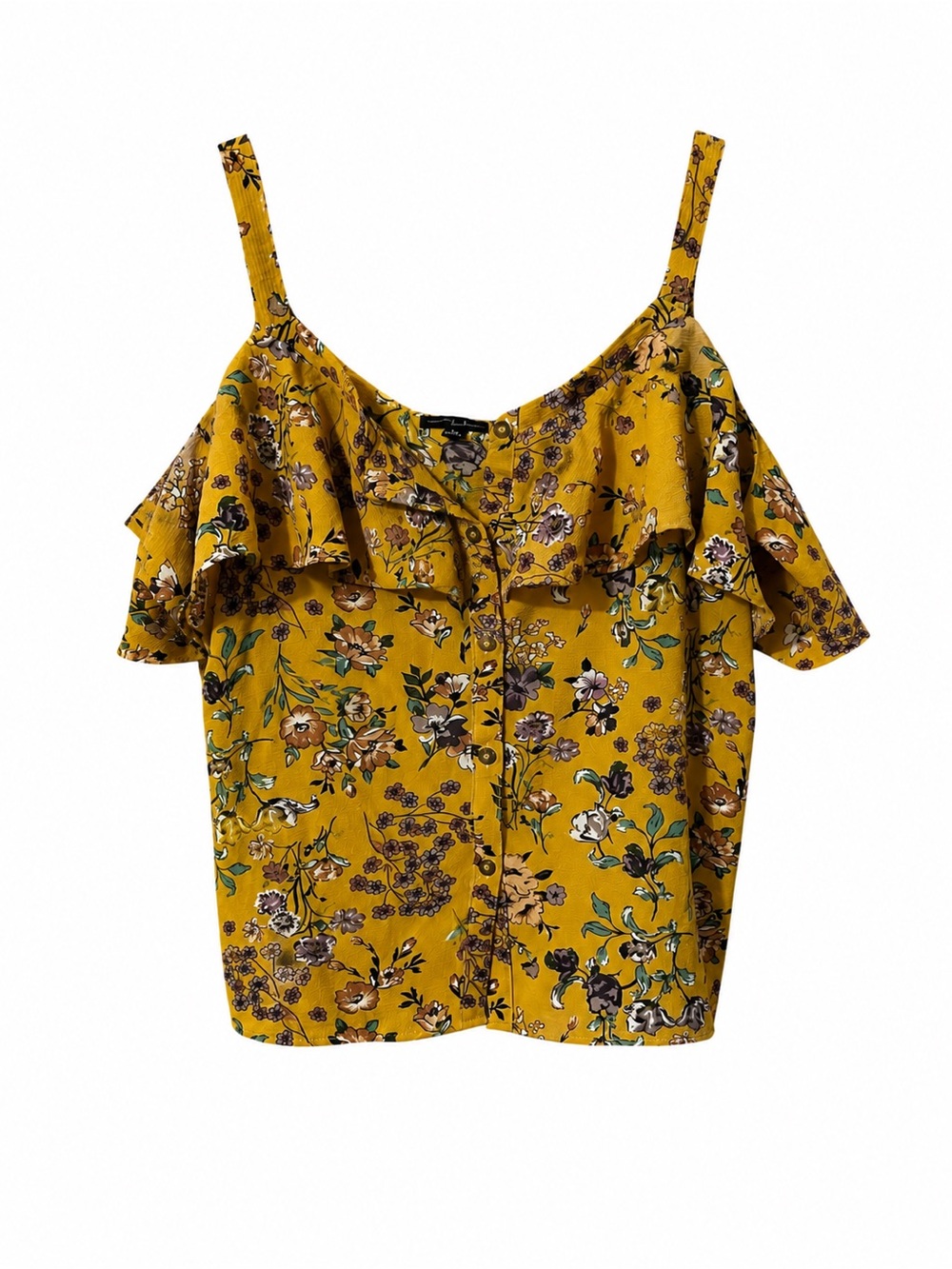 Moa Moa Yellow Floral Cold-Shoulder Ruffle Top - L